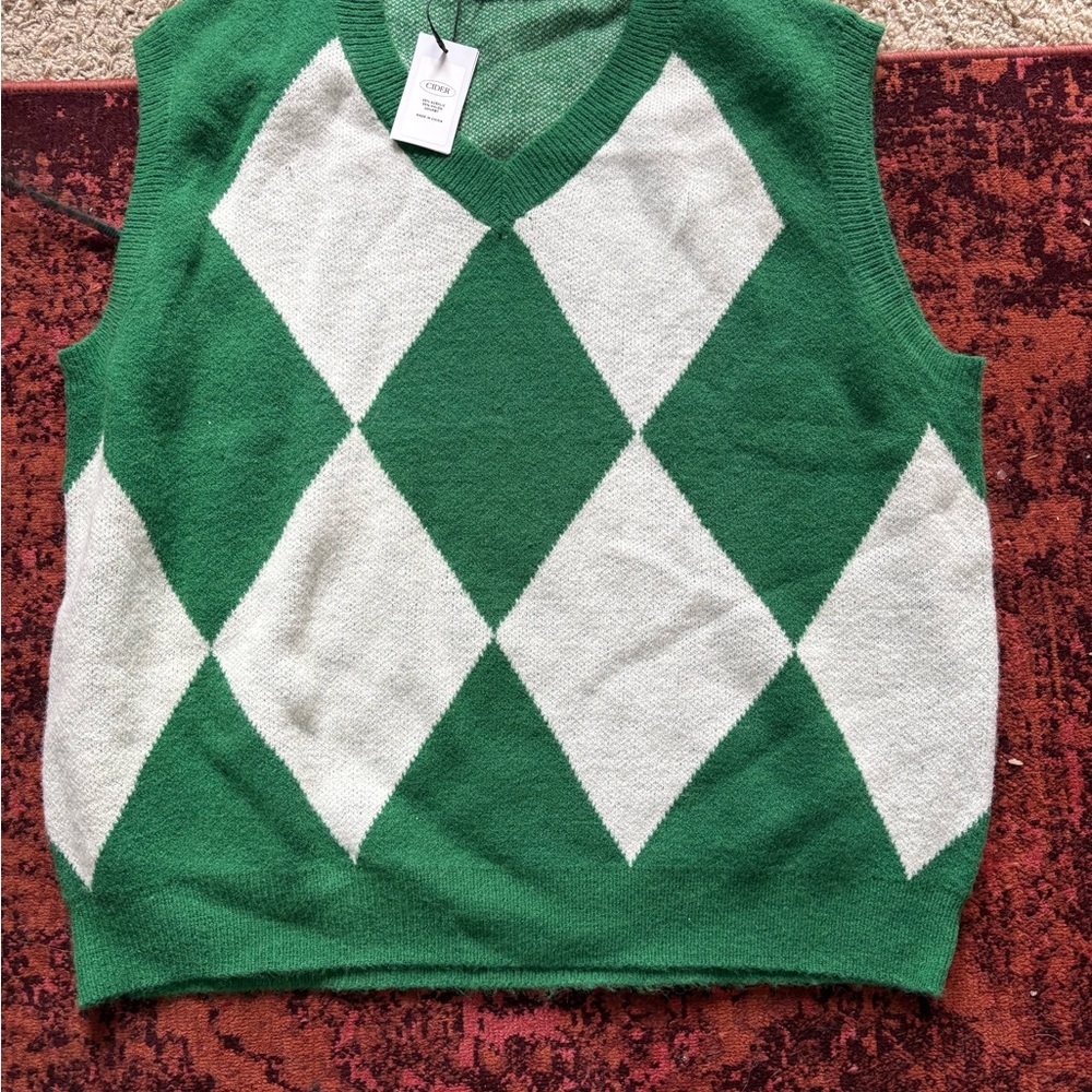 Green and White Argyle Knit Vest